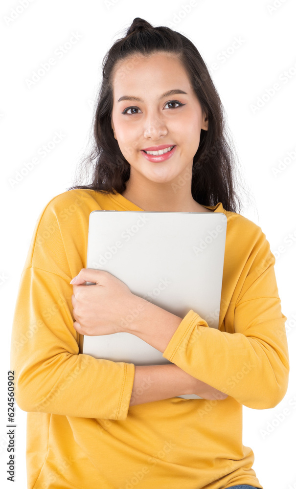 Young beauty Asian woman showing bowl prepare to eat food and she wearing a yellow sweater shot isol