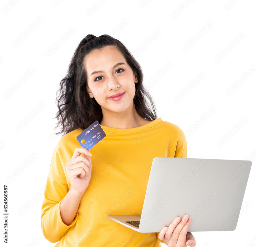 Young beauty Asian woman shopping payment online with credit card on laptop notebook and she wearing