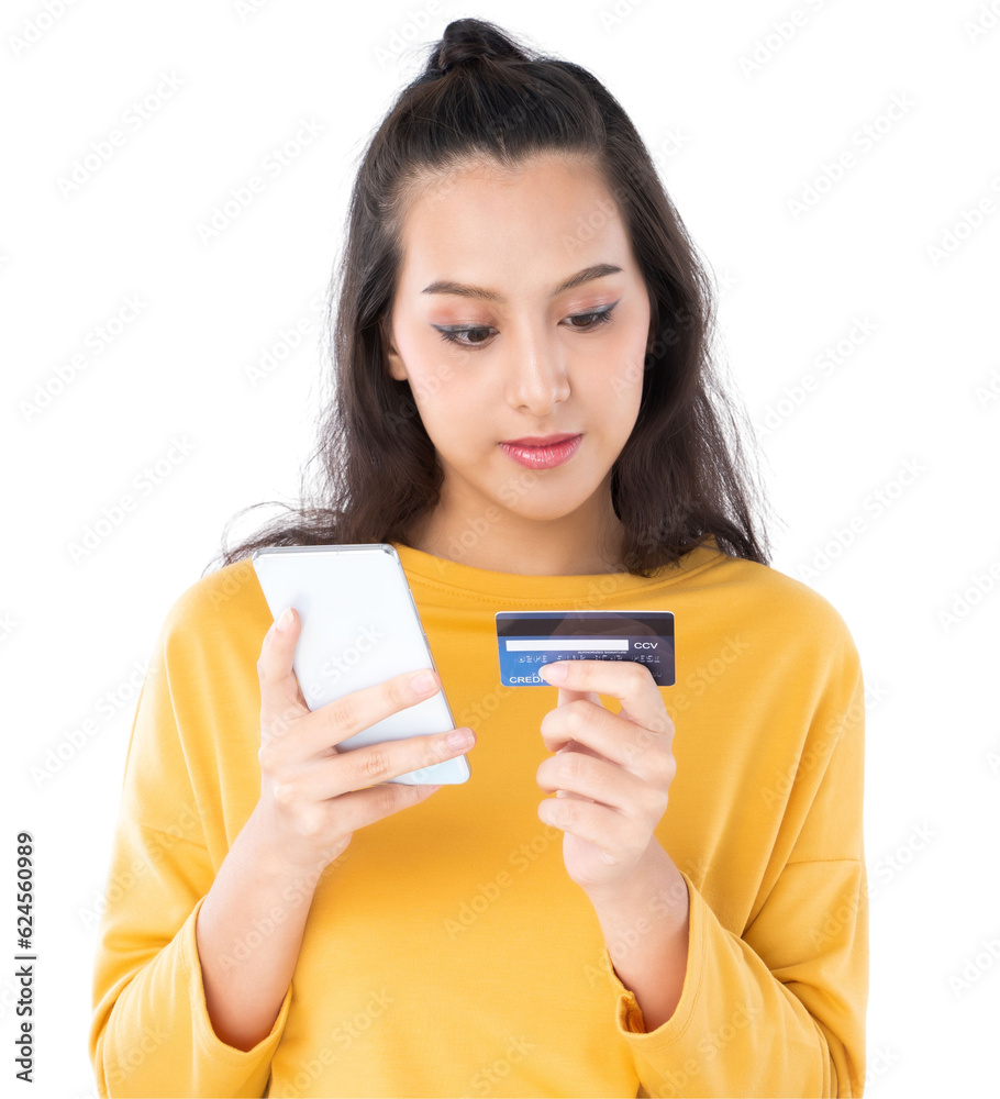 Young beauty Asian woman shopping payment online with credit card on smartphone and she wearing a ye