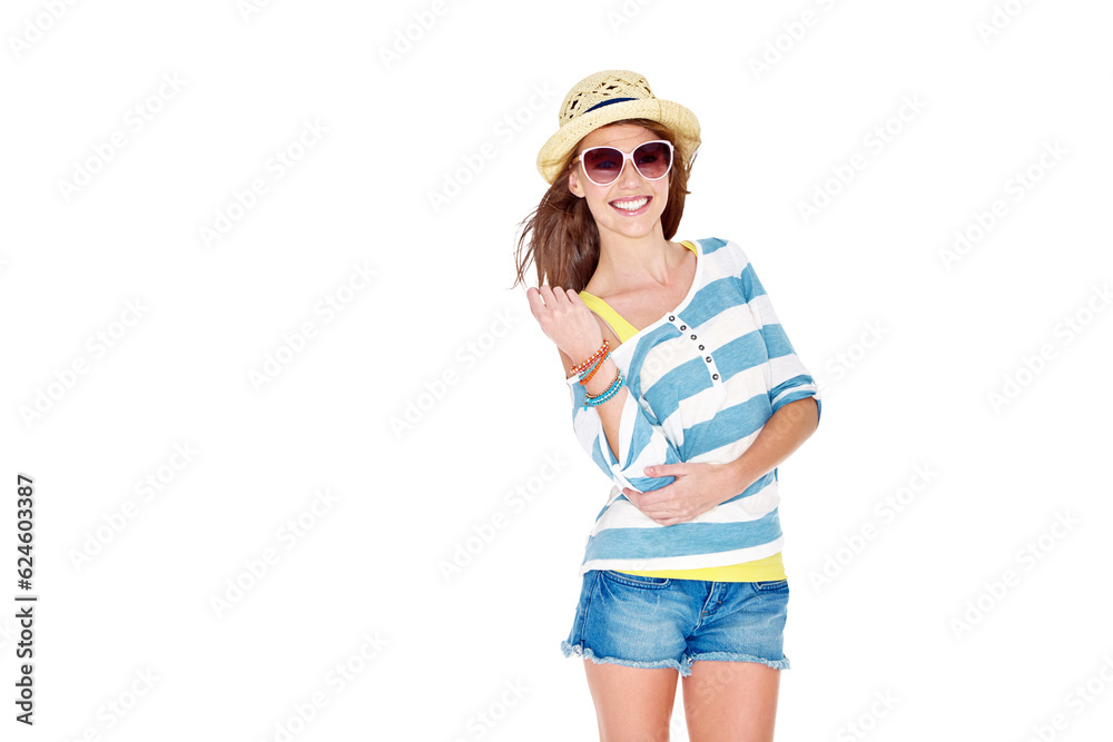 Summer smile, fashion portrait and happy woman with spring clothes, colorful outfit and smile on vac