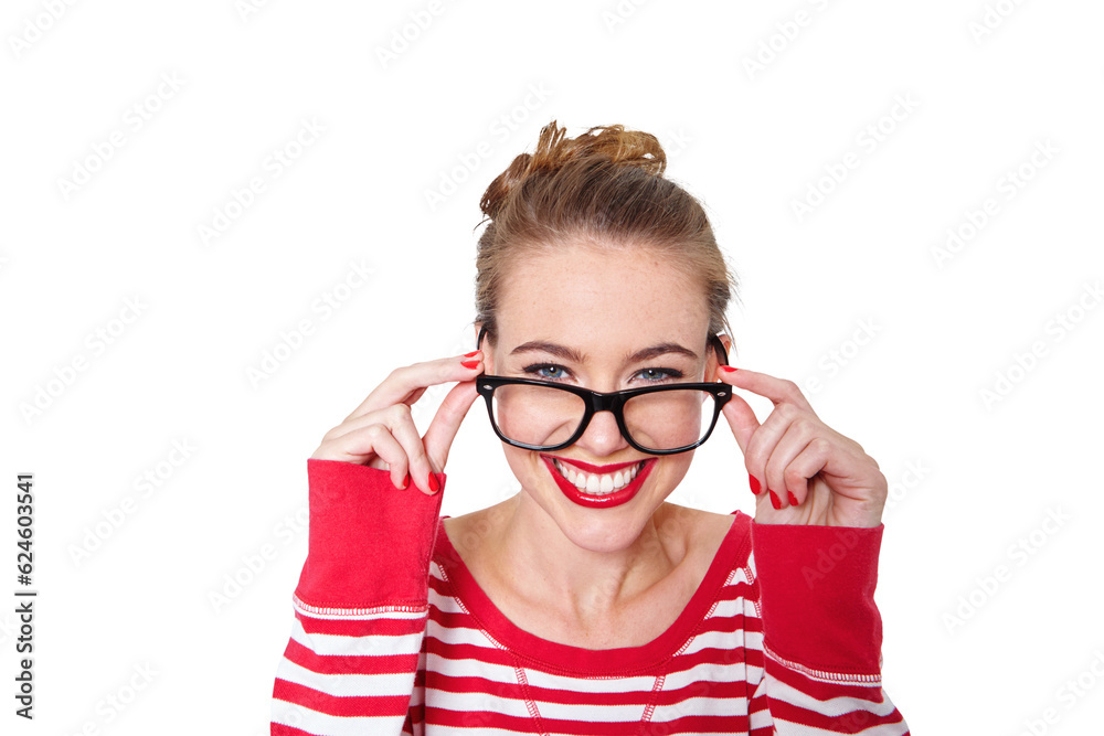 Beauty, glasses and student with portrait of woman on png for nerd, education and youth. Happy, smar