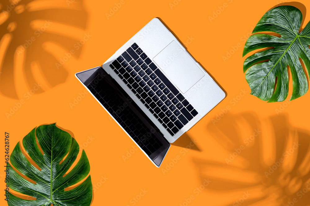 Laptop computer with tropical leaves from above