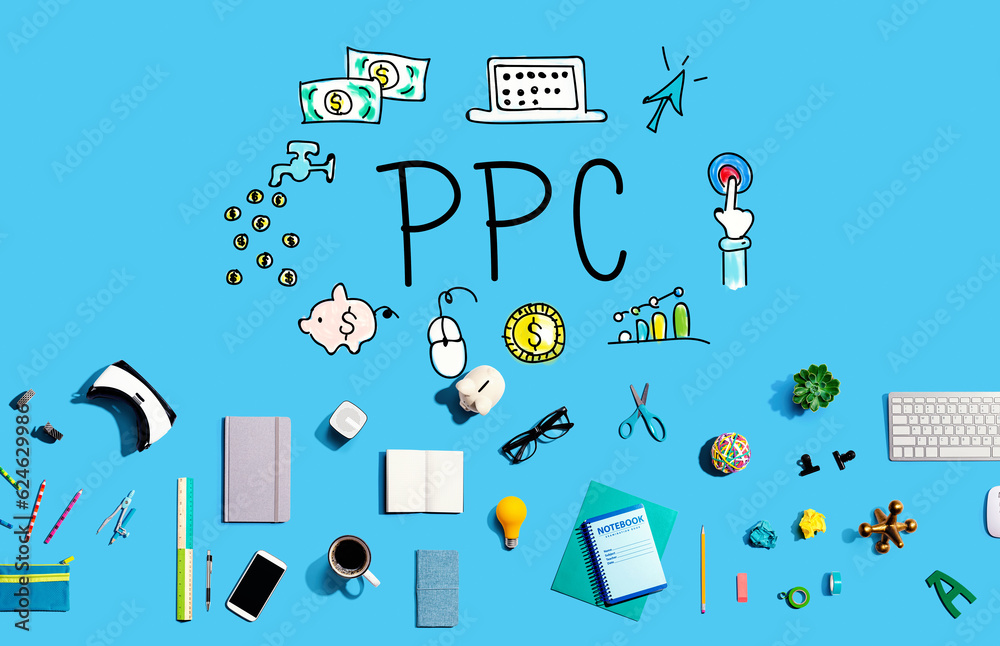 PPC with collection of electronic gadgets and office supplies