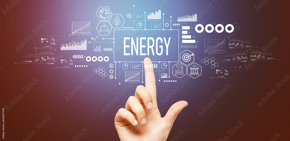 Energy theme with hand pressing a button on a technology screen