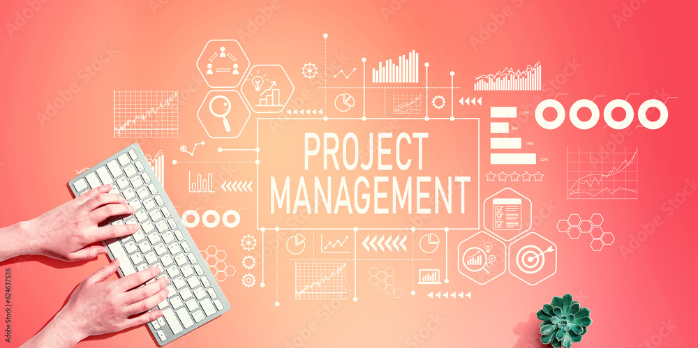 Project management theme with person using a computer keyboard