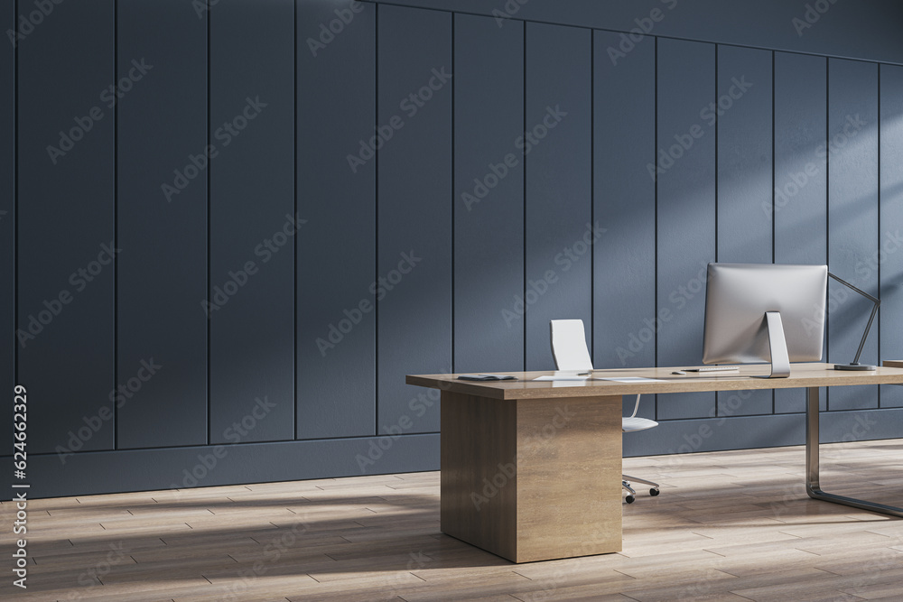 Modern coworking office interior with wooden flooring, blue walls, furniture and sunlight. 3D Render