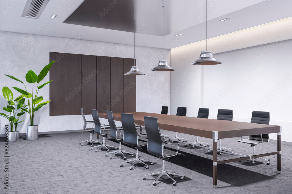 Perspective view of modern empty boardroom interior with office desk and chairs, concrete and wooden