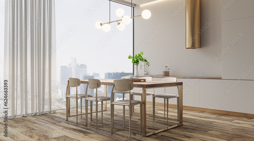 Contemporary light kitchen with window and city view, furniture. Interior design concept. 3D Renderi