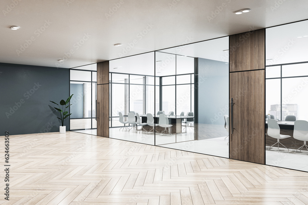 Perspective view of modern office hallway with several boardrooms with glass wall, panoramic window,