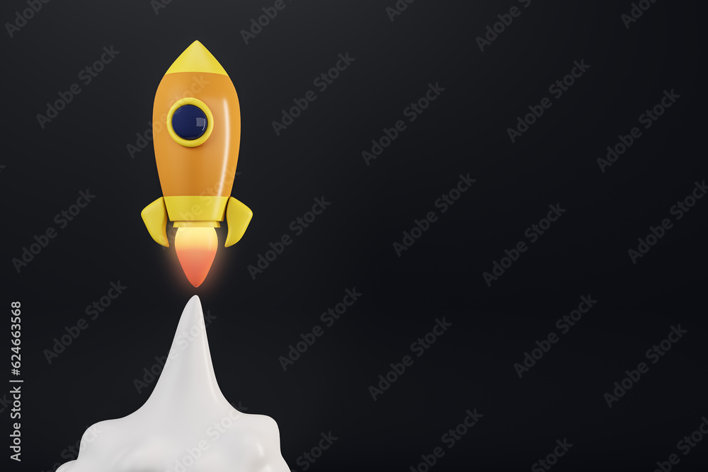 Creative cartoon rocket flying on black background with mock up place. Start up and new beginning co