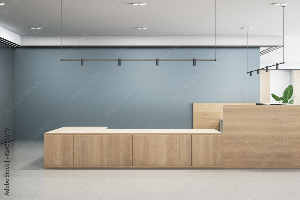 Contemporary concrete and wooden office lobby interior with various items. 3D Rendering.