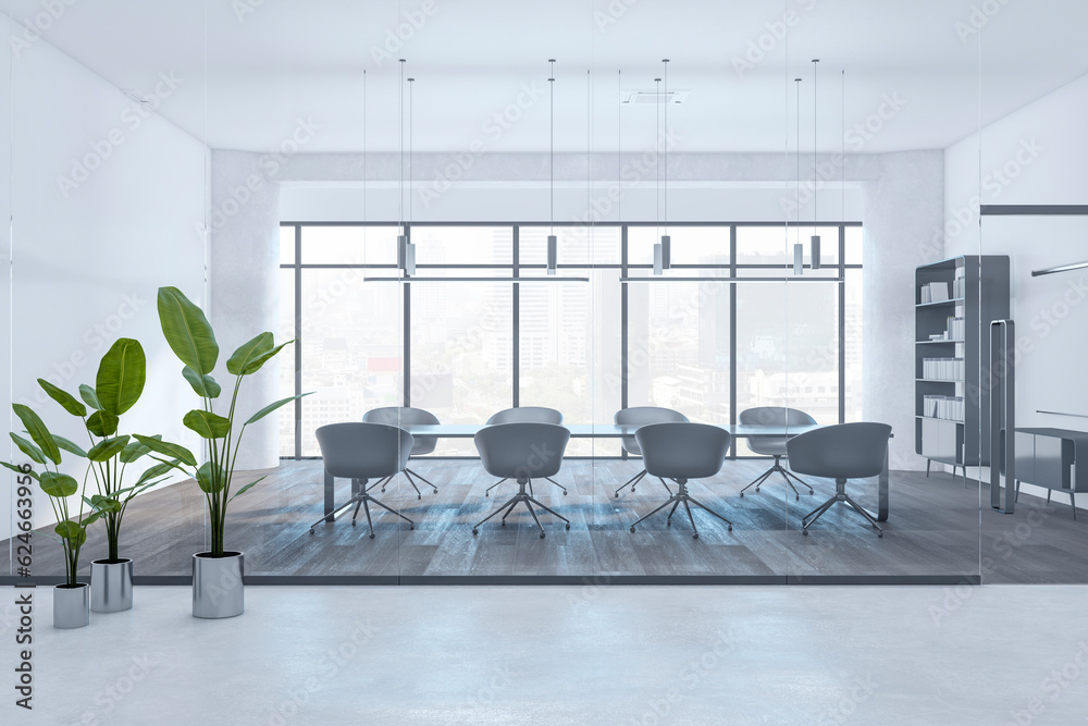 Modern meeting room interior with concrete walls, wooden flooring, furniture and equipment. 3D Rende