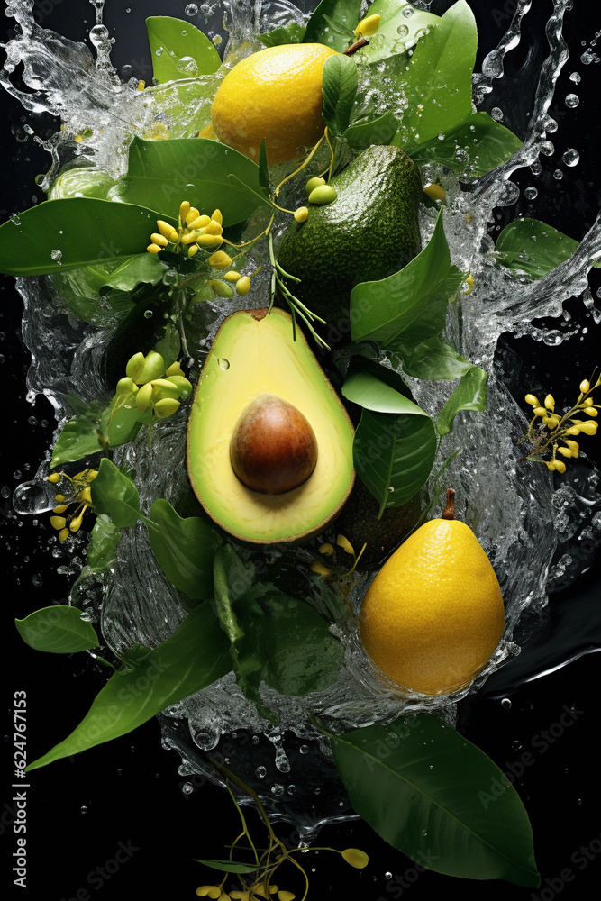 Avocado and green leaves splashing water