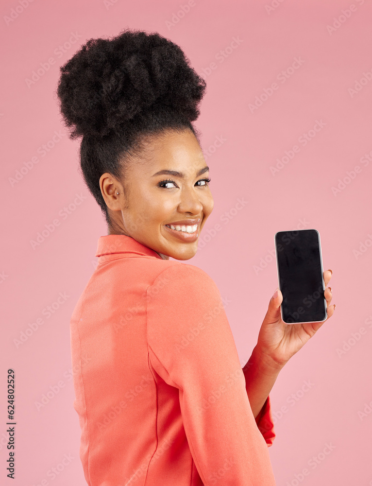 Portrait of happy woman, phone and screen in studio for contact info, website promo or social media.