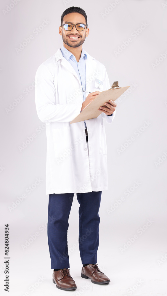 Portrait, asian man and doctor in studio with clipboard, documents or healthcare administration. Hap