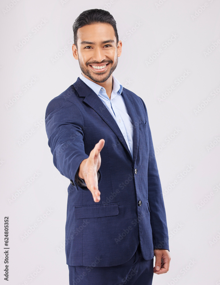 Happy businessman, portrait and handshake for introduction, greeting or meeting against a grey studi