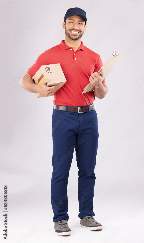 Asian man, portrait and box with clipboard in delivery, signature or checklist against a grey studio