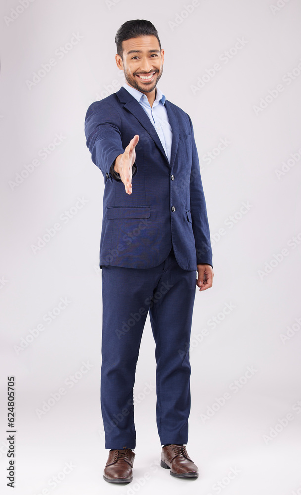 Happy businessman, portrait and handshake for meeting, introduction or greeting against a grey studi