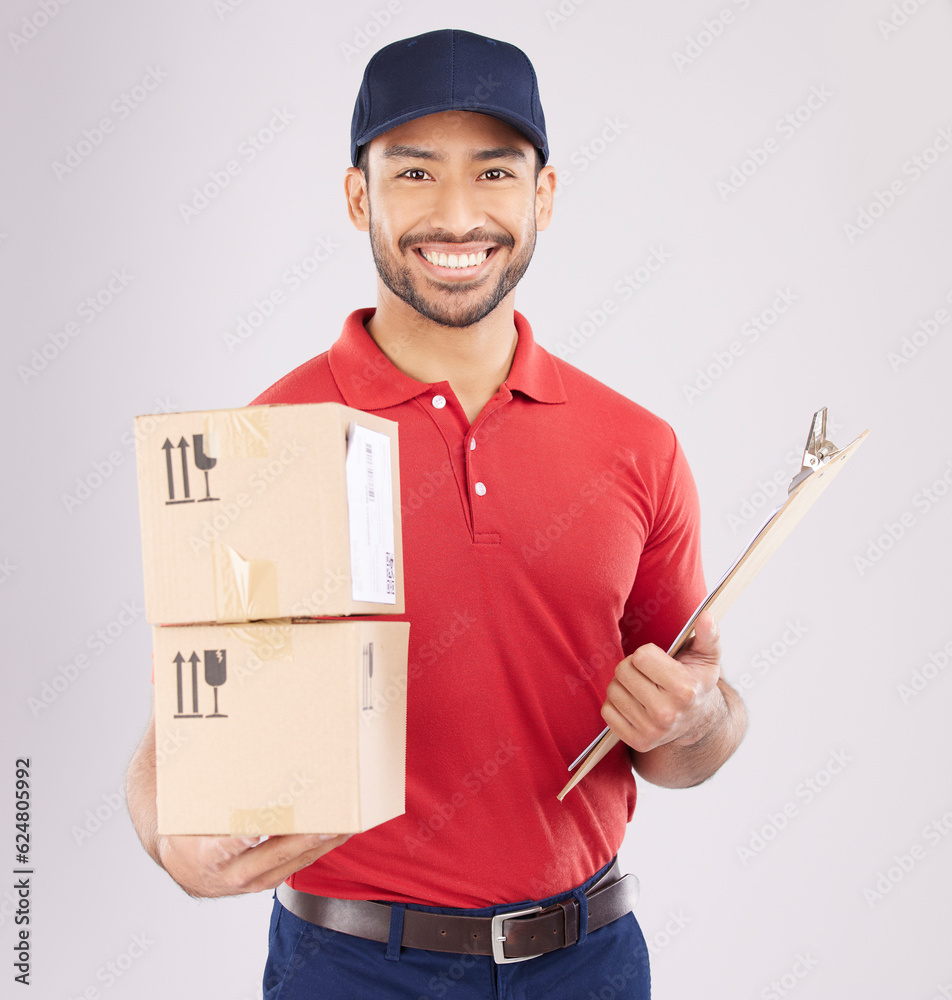 Happy asian man, portrait and box for courier service, delivery and clipboard for checklist against 