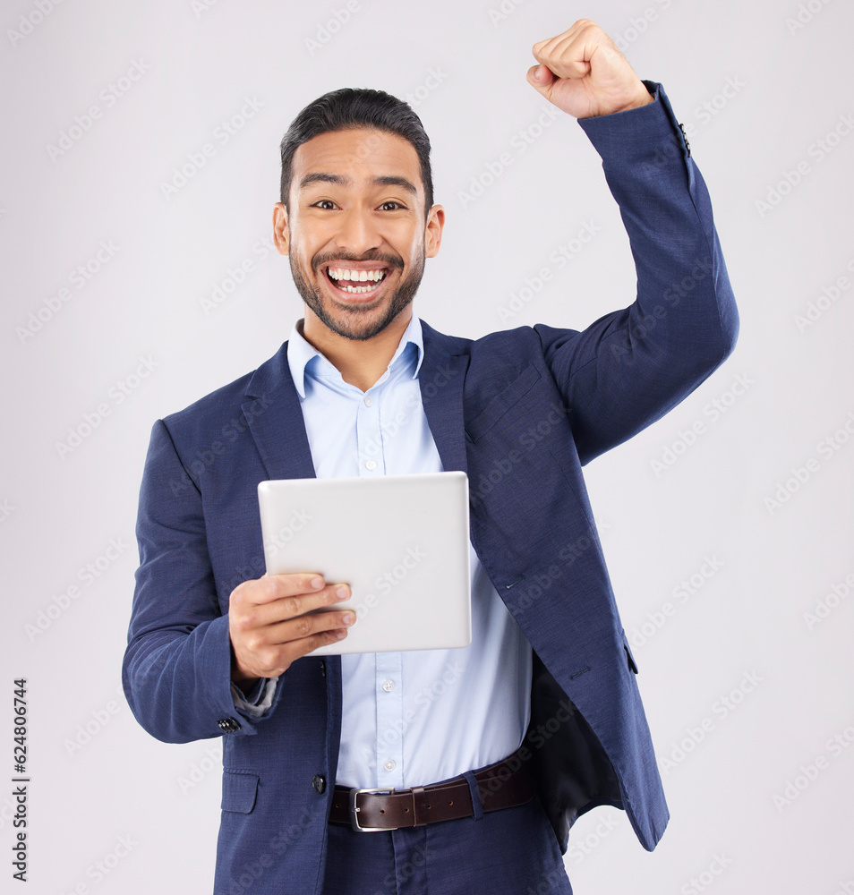 Happy businessman, portrait and tablet with fist pump in celebration for promotion win against a gre