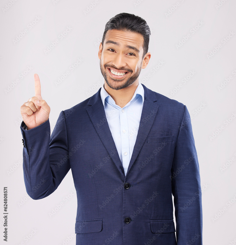 Confused, pointing and portrait with business man in studio for idea, advertising and news. Question