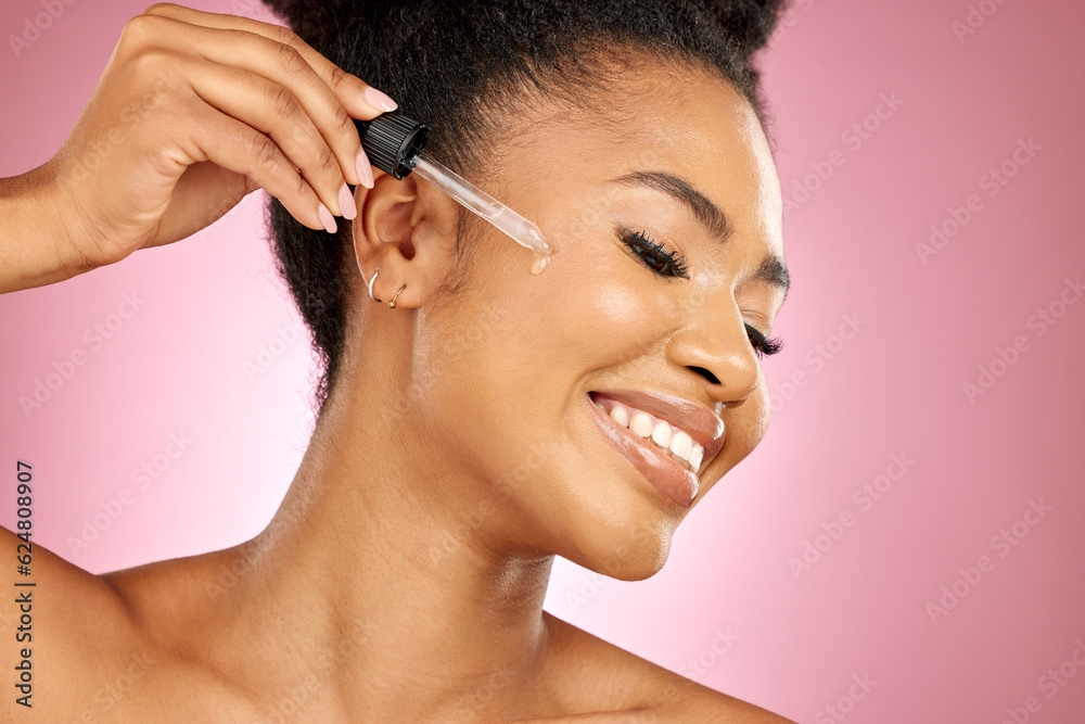 Happy woman, oil and serum on face, beauty and aesthetic dermatology on pink background in studio. A