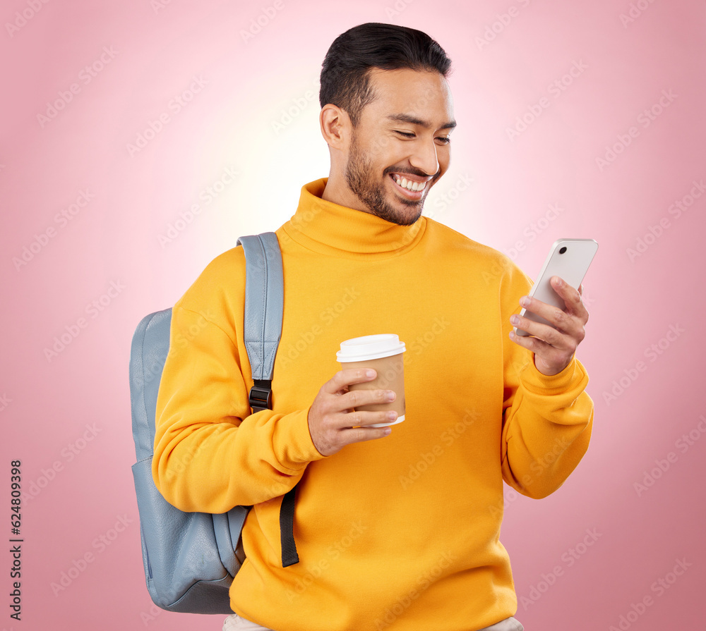 Backpack, phone and student or man on studio pink background for scholarship, university or college 