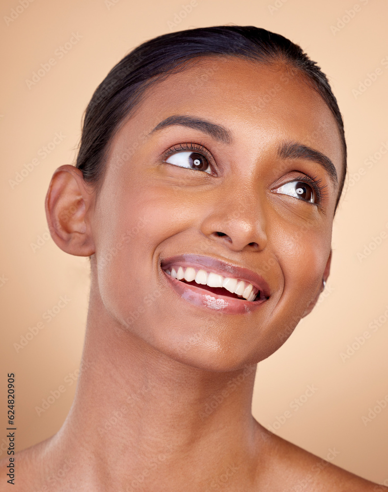 Face, beauty and happy woman, natural and cosmetics with skincare isolated on blue background. India