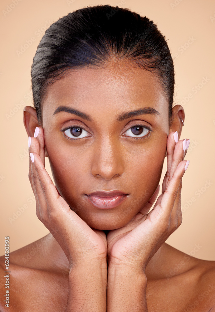 Portrait, skincare and beauty with indian girl for dermatology with glow in brown studio background.