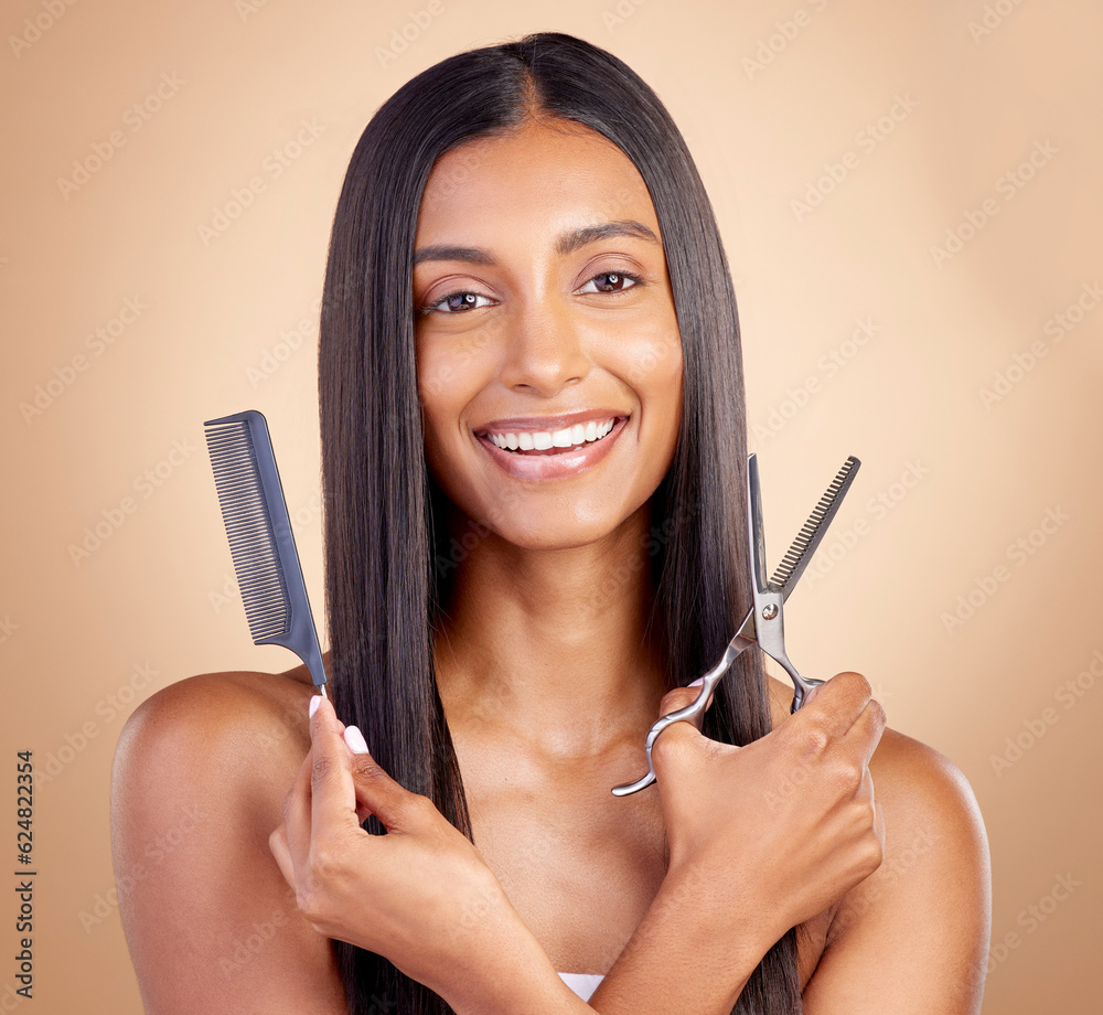 Hair care, happy and portrait of a woman with tools for a haircut, grooming or salon treatment. Smil