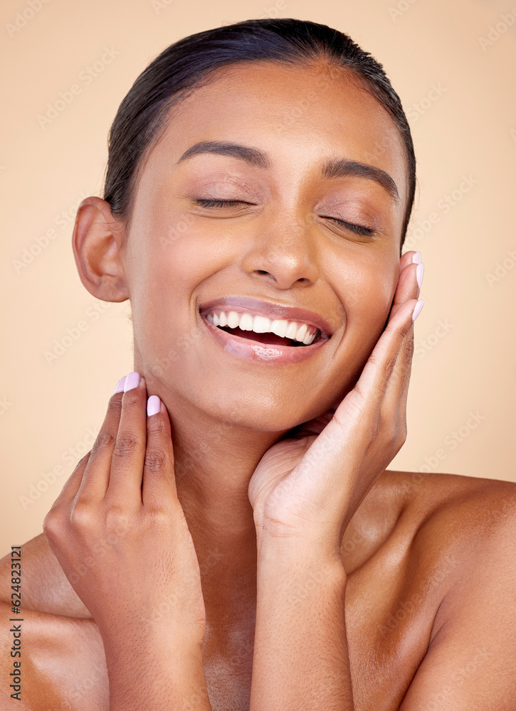 Skincare, funny and Indian woman with cosmetics, facial and dermatology on a brown studio background