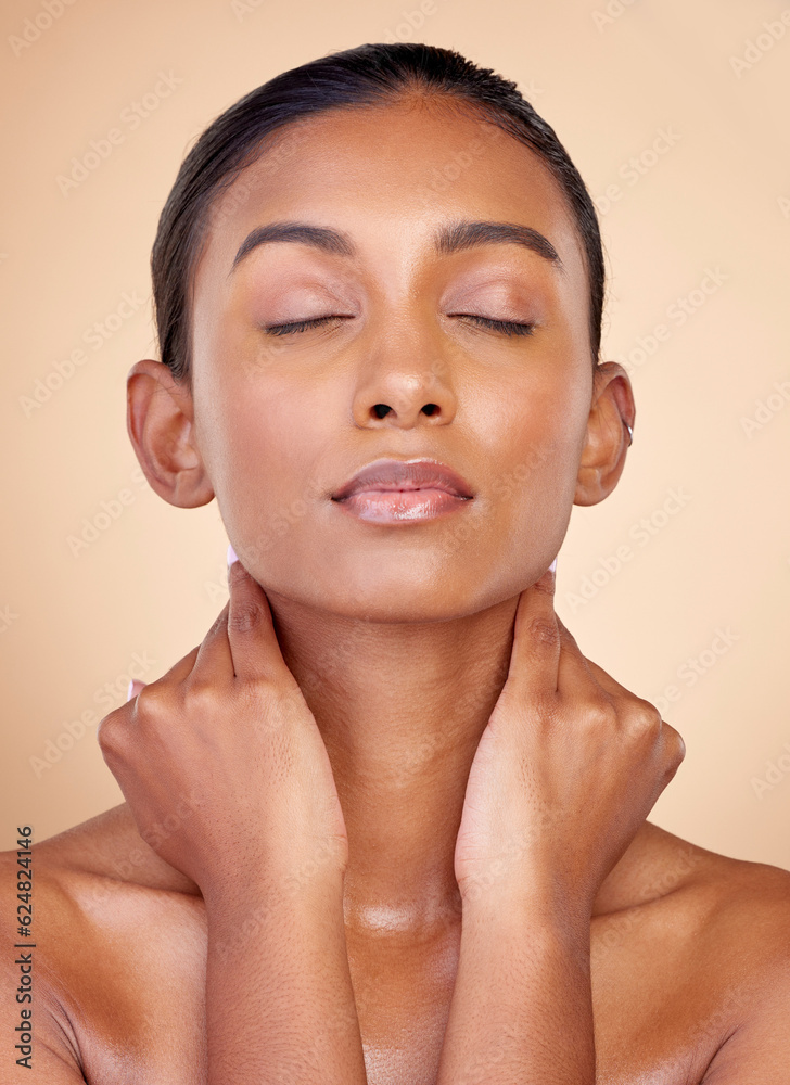 Self care, beauty and Indian woman with cosmetics, glow and dermatology against a brown studio backg