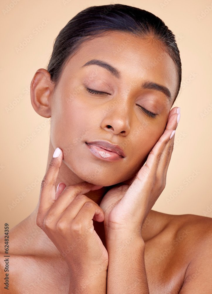 Relax, skincare or Indian woman with natural beauty or facial glow with dermatology cosmetics in stu