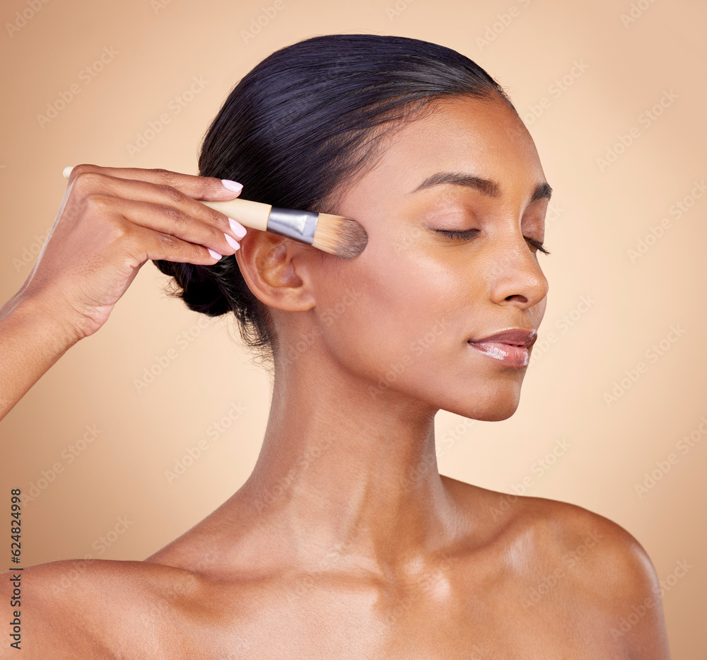 Beauty, makeup and cosmetics with woman and brush in studio for facial, foundation and self care. Re