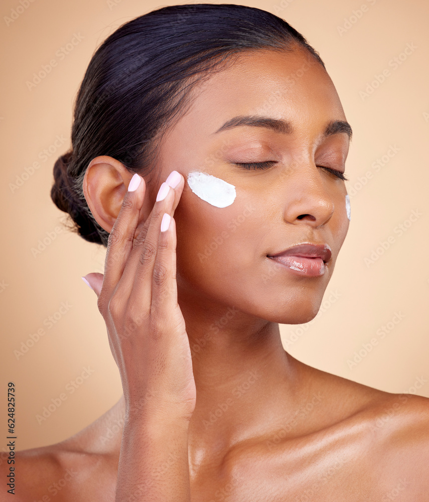 Face, cream and woman with eyes closed for skincare cosmetics, dermatology or aesthetic makeup on st