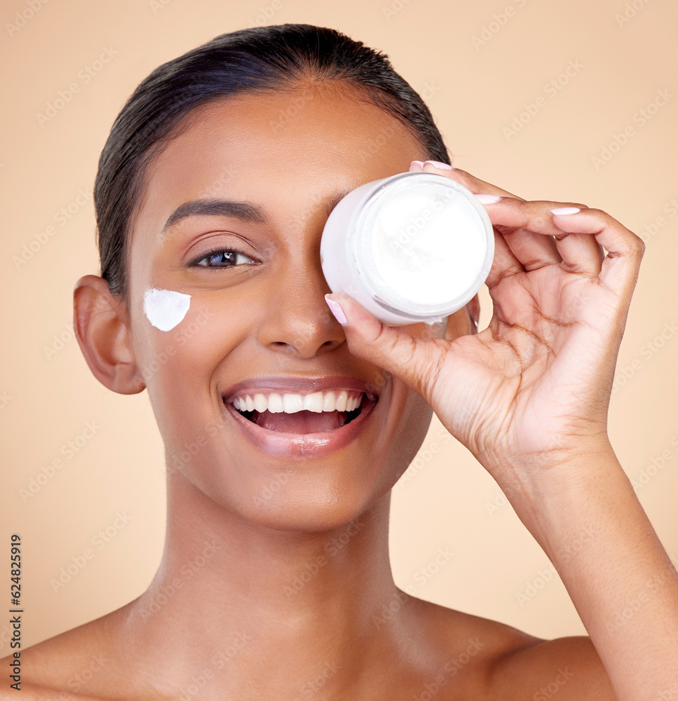 Woman, portrait and cream container of eye skincare, dermatology and cosmetics or self care. Facial 