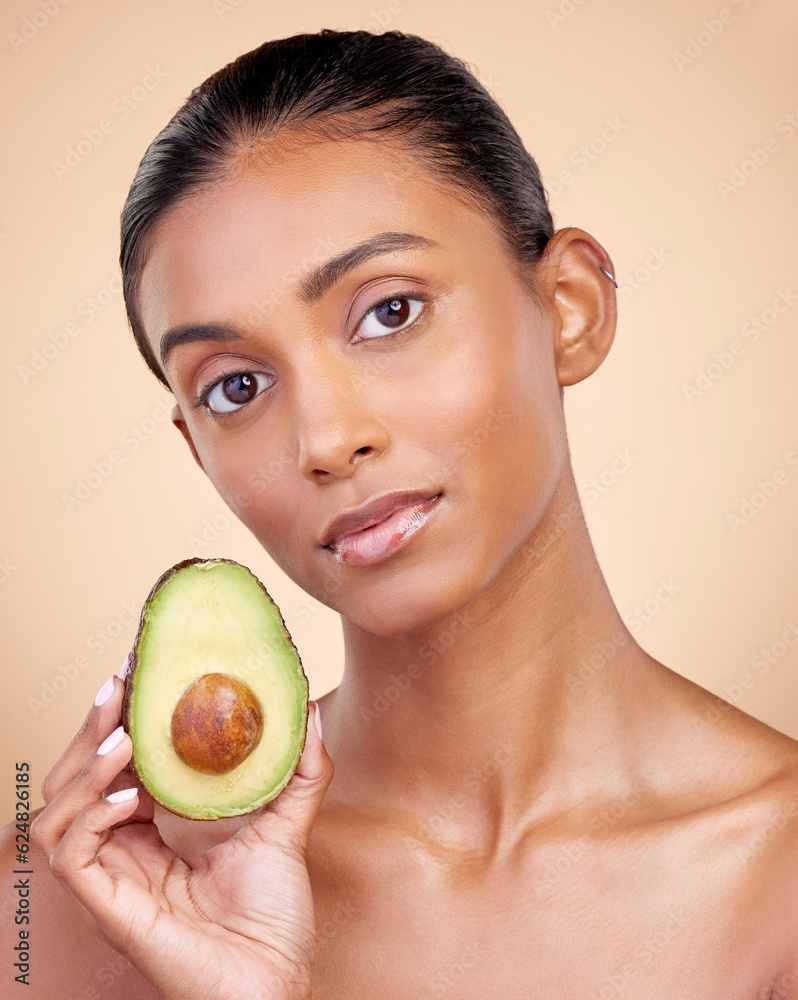 Avocado, skincare and woman in portrait for healthy face and natural beauty on studio brown backgrou