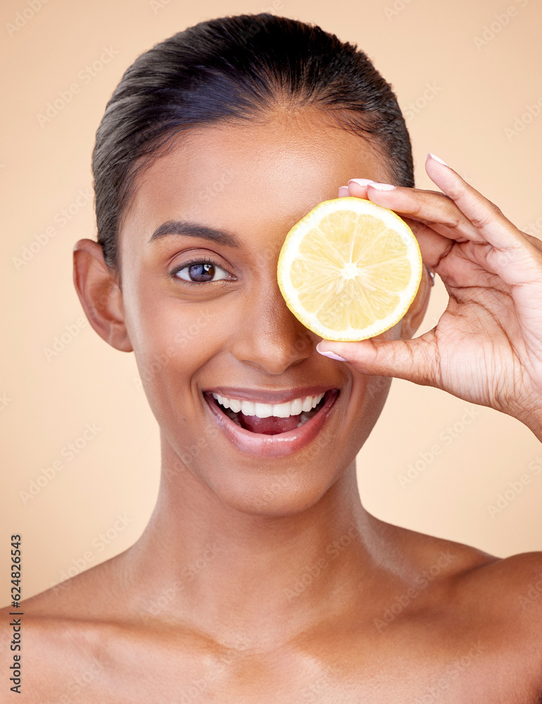 Lemon, beauty and portrait of happy woman in studio for vitamin c nutrition, spa or natural cosmetic