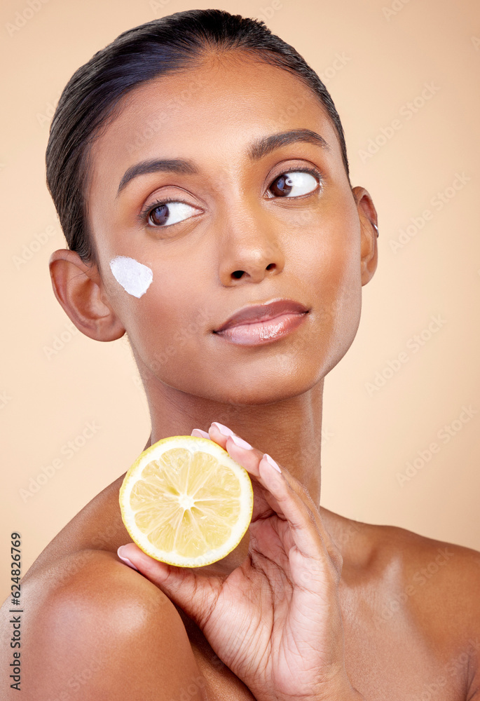 Woman, lemon and cream for skincare, natural beauty product and cosmetics or vitamin c benefits whil