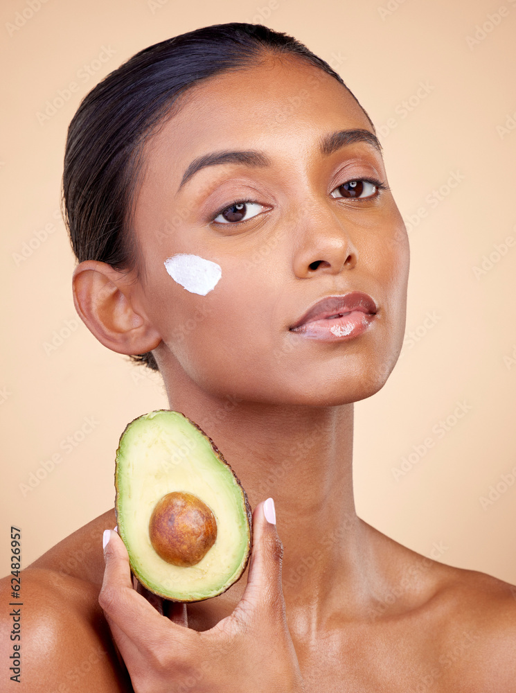 Avocado, cream and skincare with portrait of woman in studio for product, beauty and natural cosmeti