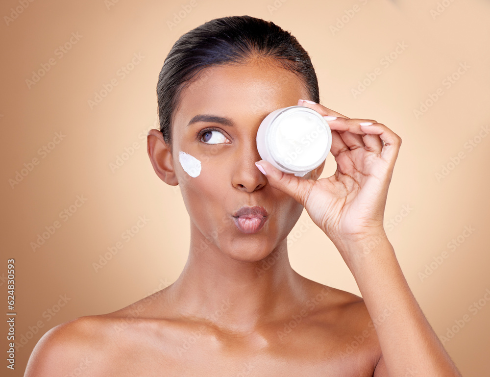 Woman, cream container thinking of eye skincare, dermatology health and cosmetics. Facial product, k