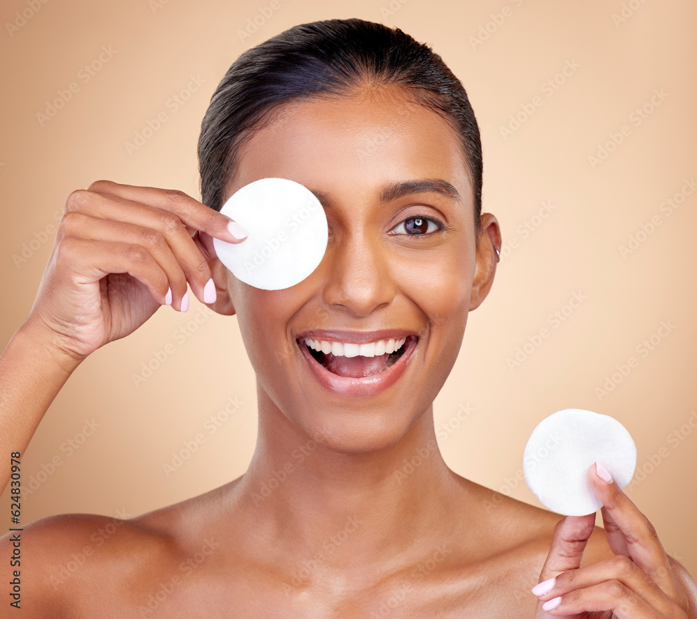 Happy woman, cotton pad and skincare for eyes, face or aesthetic cosmetics on studio background. Por