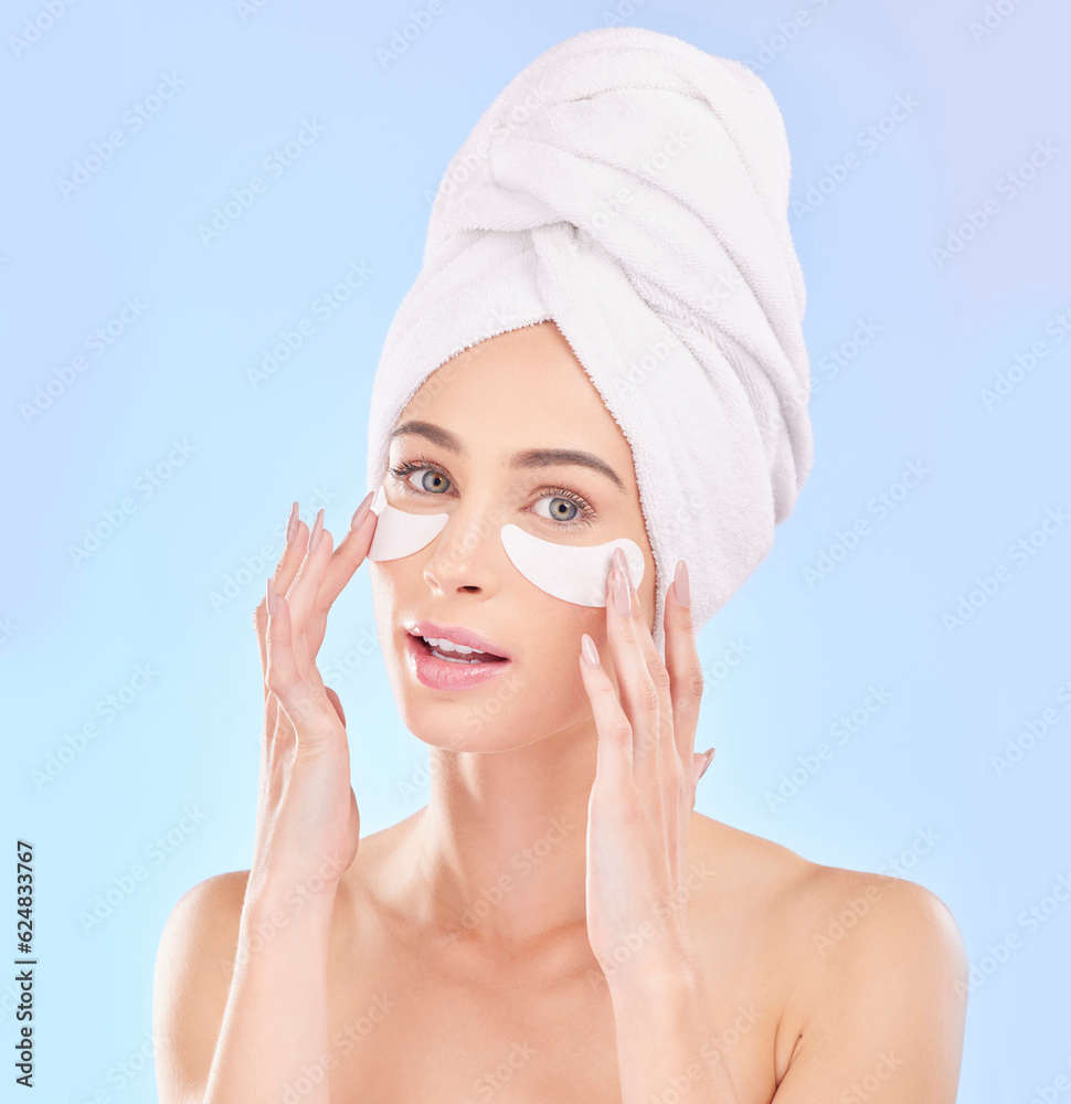 Beauty, eye pads and portrait of woman in studio for natural, health and wellness routine. Skincare,