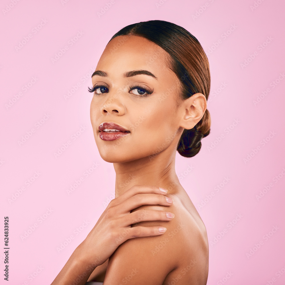 Skincare, beauty and portrait of woman with makeup, wellness and glow on pink background. Cosmetics,