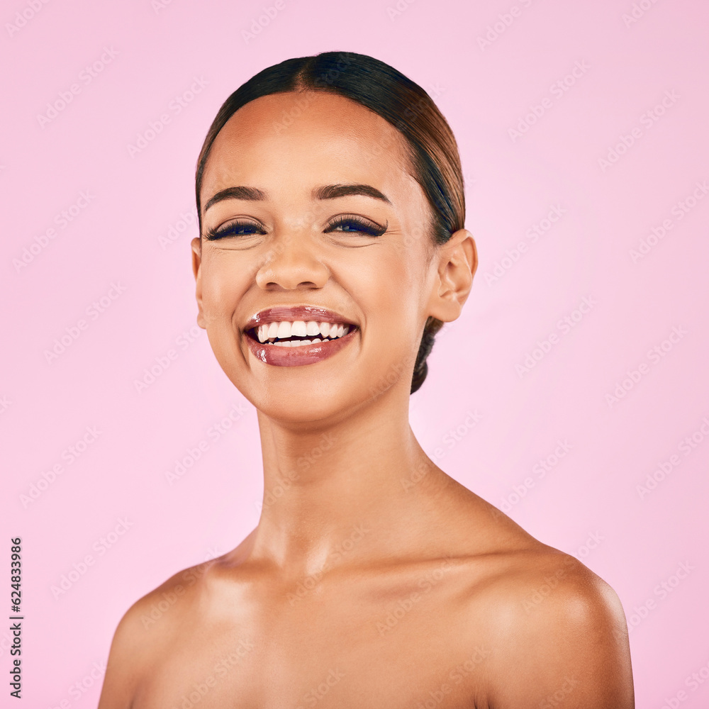 Skincare, beauty and portrait of happy woman with makeup, wellness and glow on pink background. Cosm