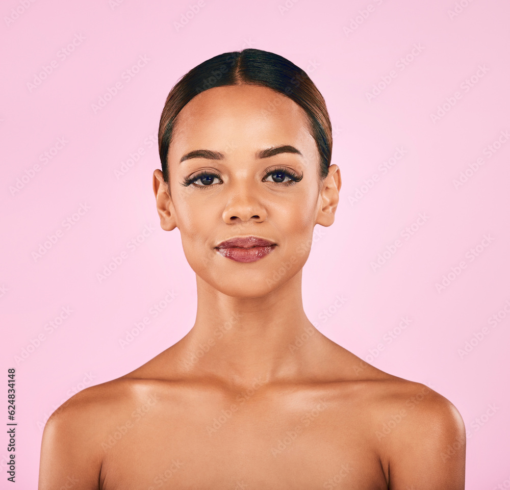 Skincare, natural beauty and portrait of woman with makeup, wellness and glow on pink background. Co