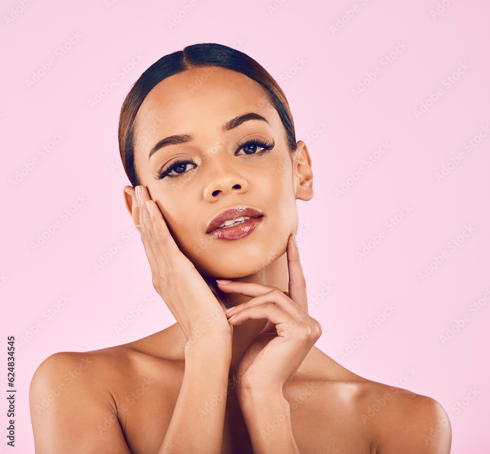 Skincare, cosmetics and portrait of woman with makeup, wellness and glow on pink background. Natural