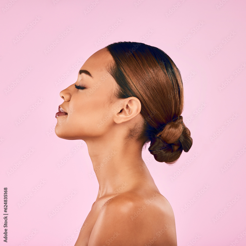 Woman, skin and profile, natural beauty and skincare with cosmetic shine isolated on pink background