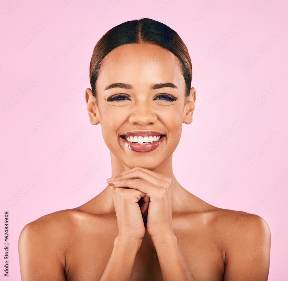 Skincare, makeup and portrait of happy woman with natural beauty, wellness and glow on pink backgrou