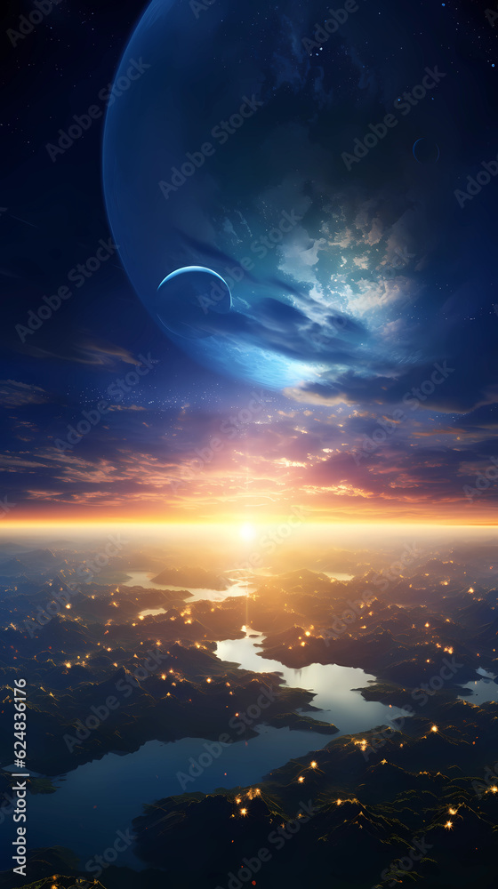 View of blue planet Earth with sun rising from space. Elements of this image furnished by NASA